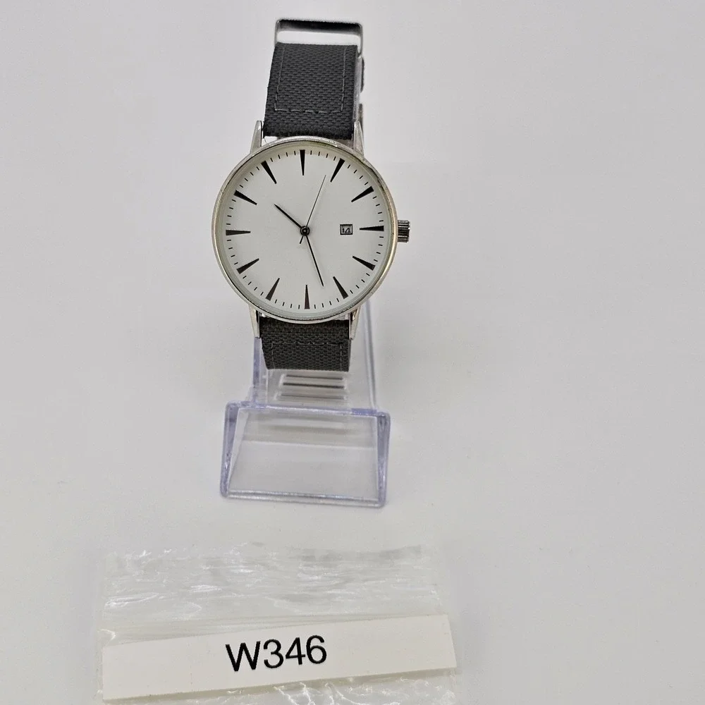 Men Analog Watch 41MM White Dial Date Gray Canvas Faux Leather Bands New Battery